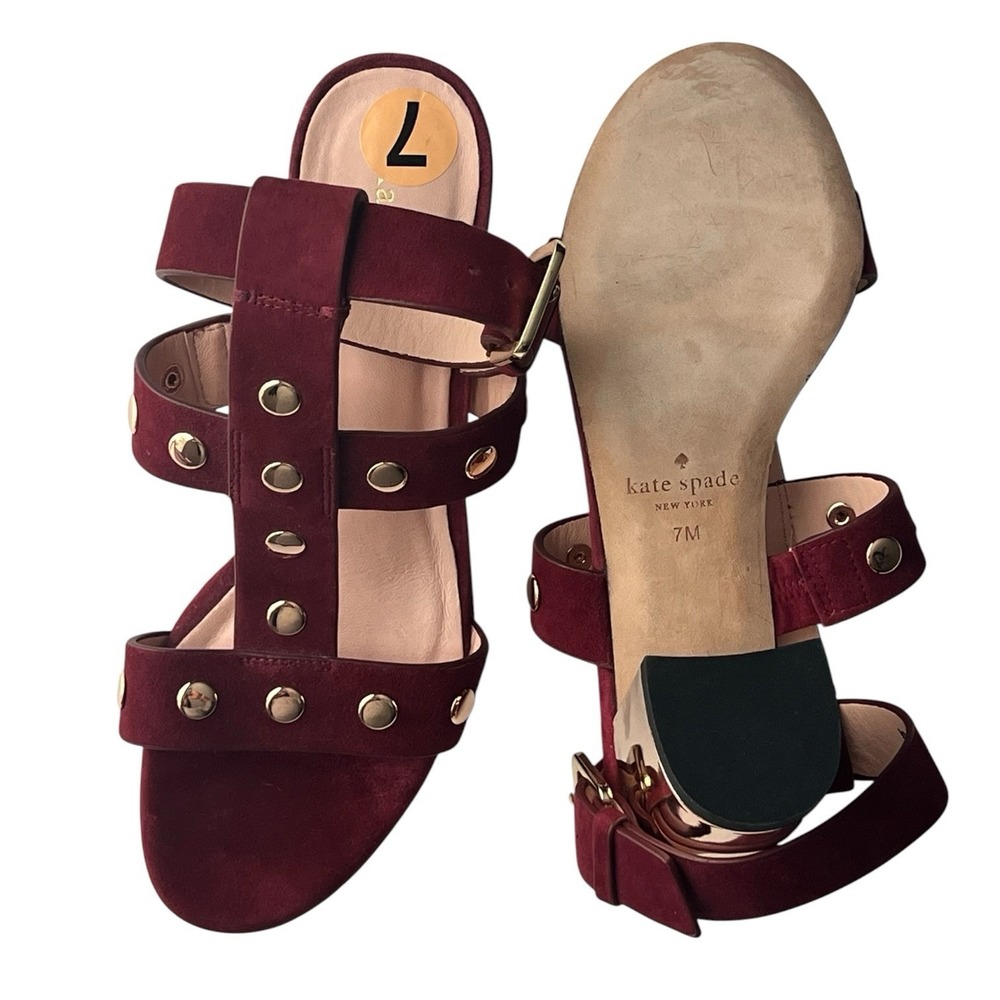 Kate Spade Burgundy Suede Studded Sandals 7M Block Heel Strappy Boho Chic - Picture 5 of 10
